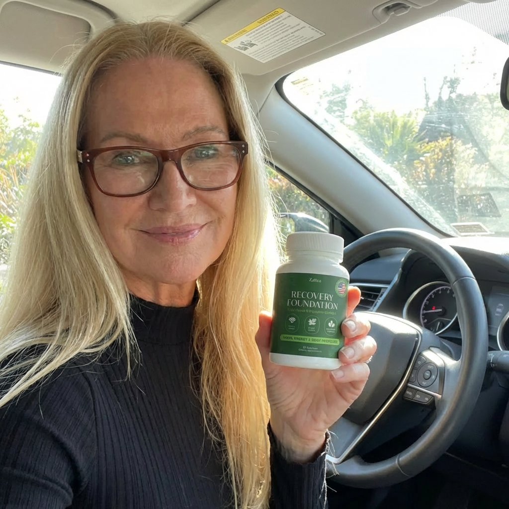 Real Zafira customer holding Recovery Foundation bottle