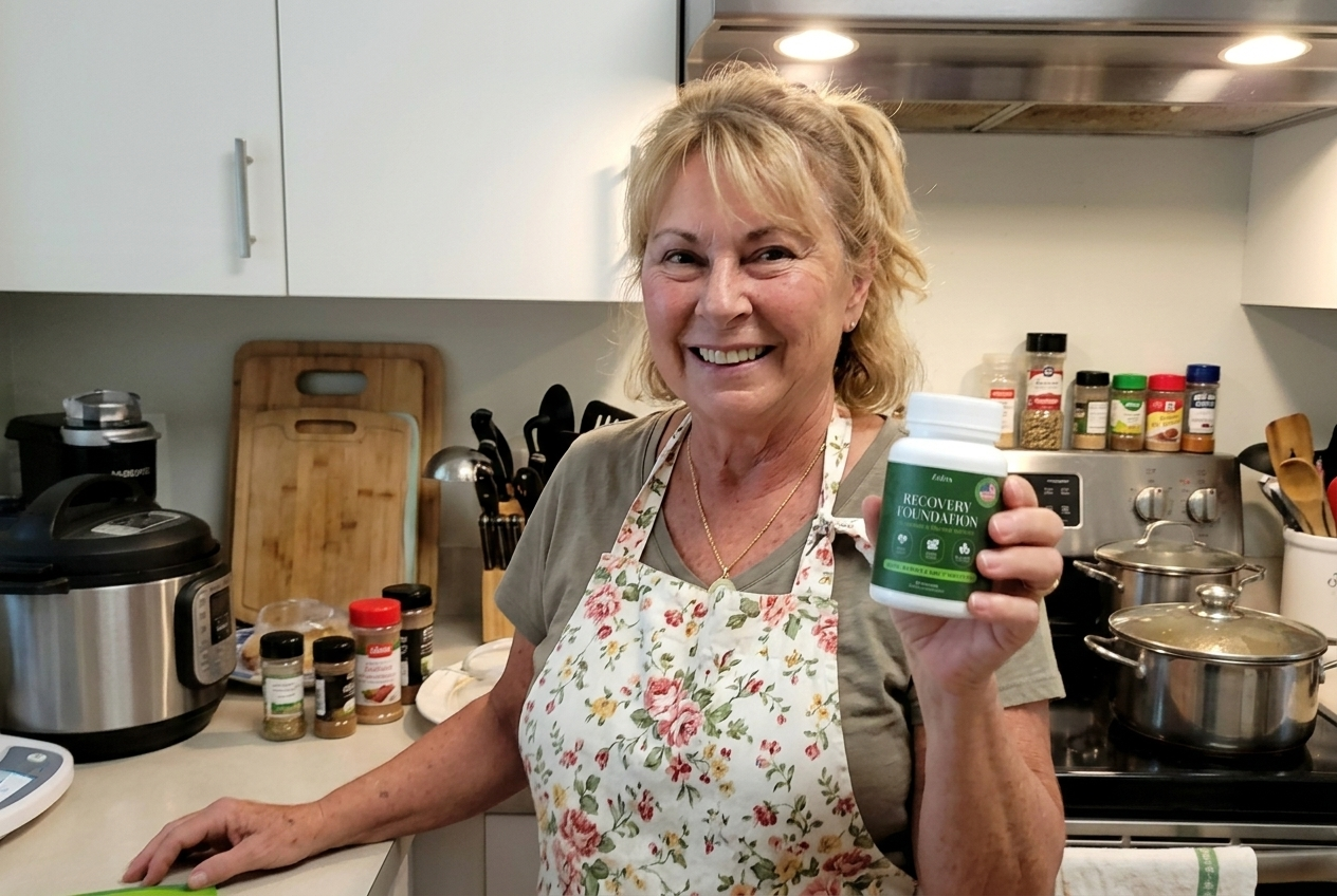 Lory cooking with Zafira bottle on the counter